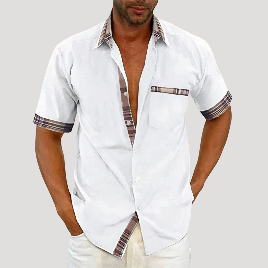 Mens Casual Shirt Short Sleeve Button Down Plaid Trim