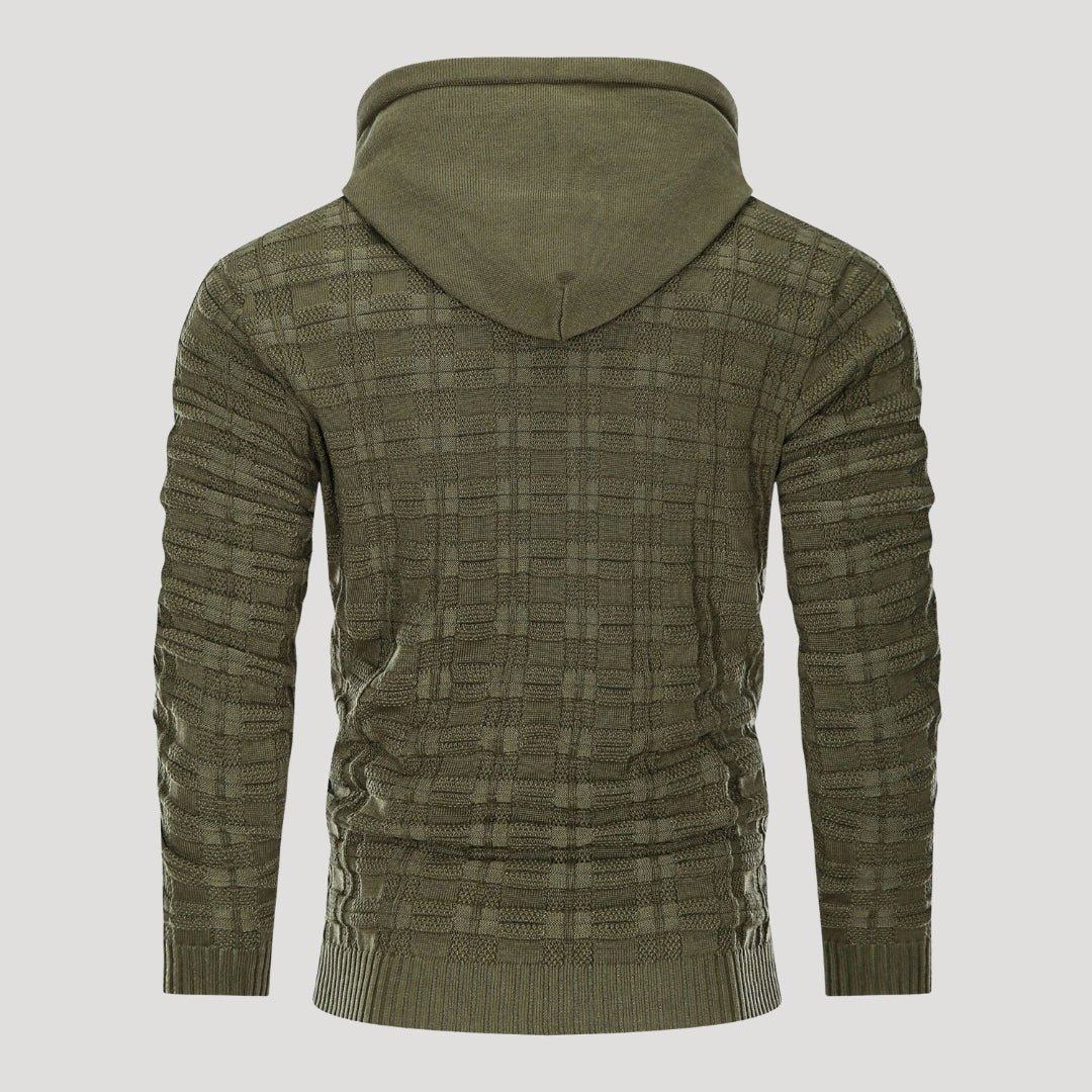 Men’s Plaid Knit Pullover Hoodie Textured Long Sleeve Sweater