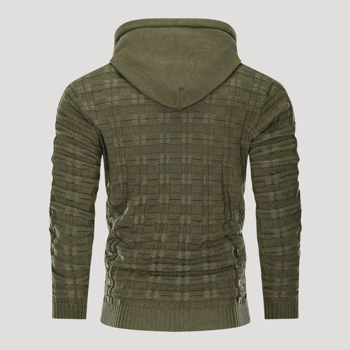 Men’s Plaid Knit Pullover Hoodie Textured Long Sleeve Sweater