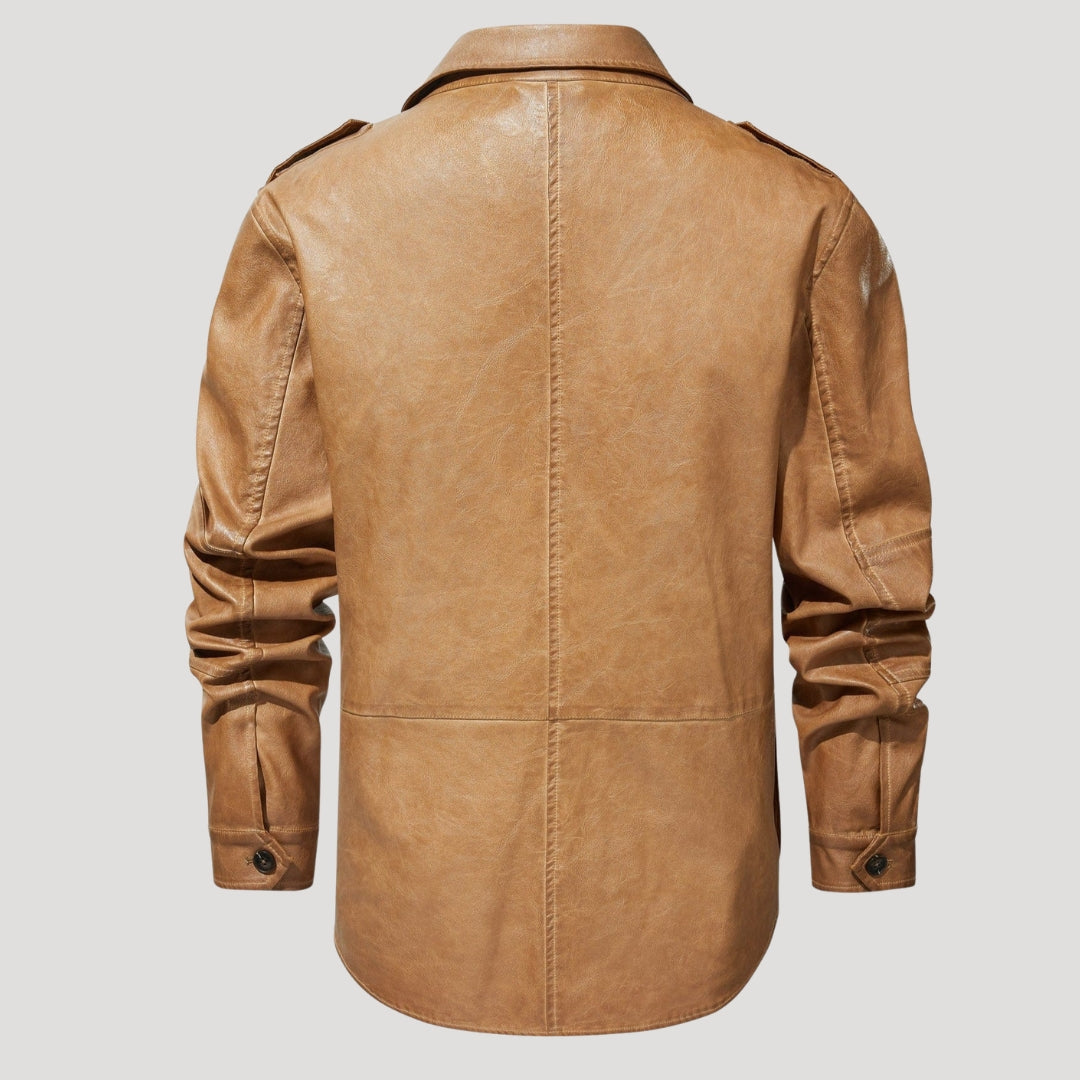 Men’s Leather Field Jacket Button Front Utility Outerwear