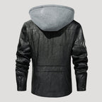 Men’s Black Leather Hooded Jacket With Utility Pockets