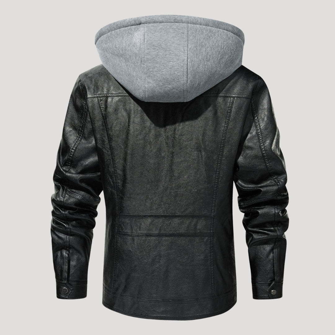 Men’s Black Leather Hooded Jacket With Utility Pockets