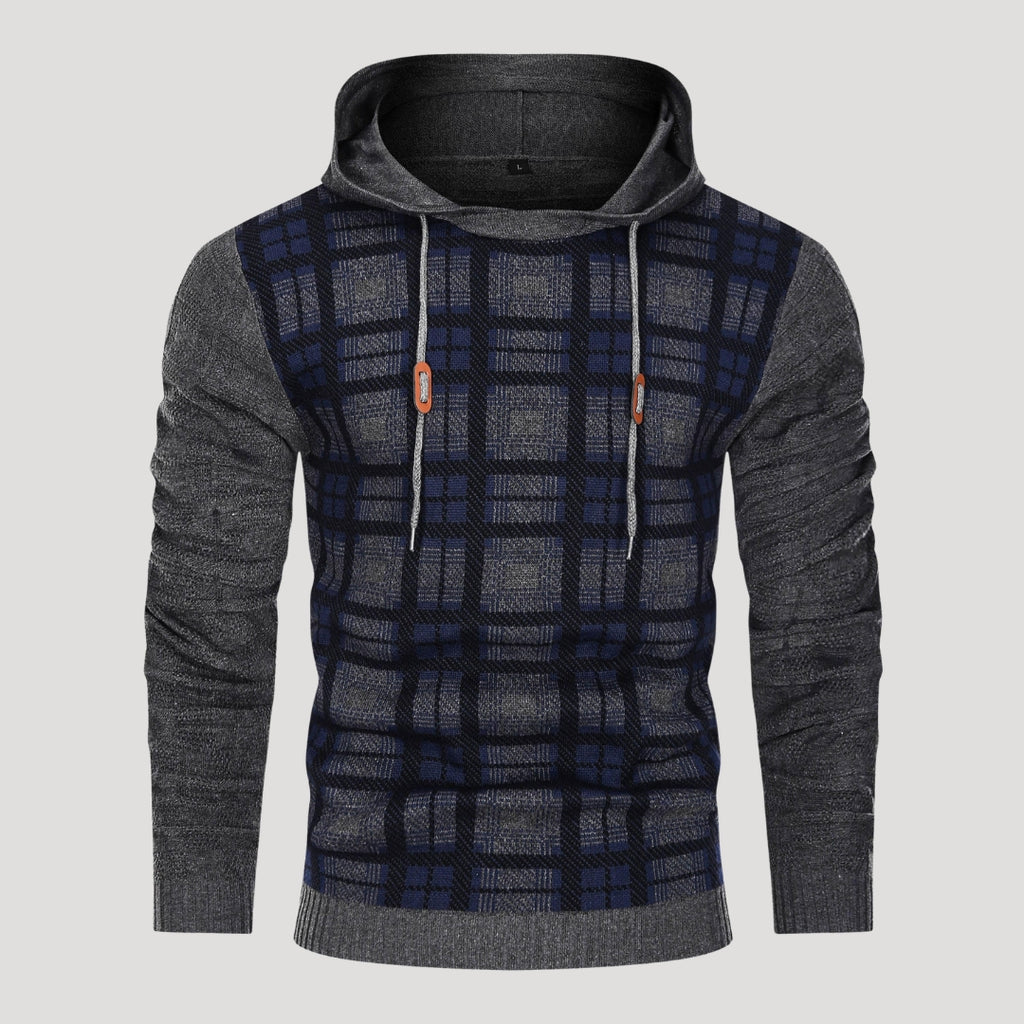 Men’s Plaid Knit Pullover Hoodie Textured Long Sleeve Sweater