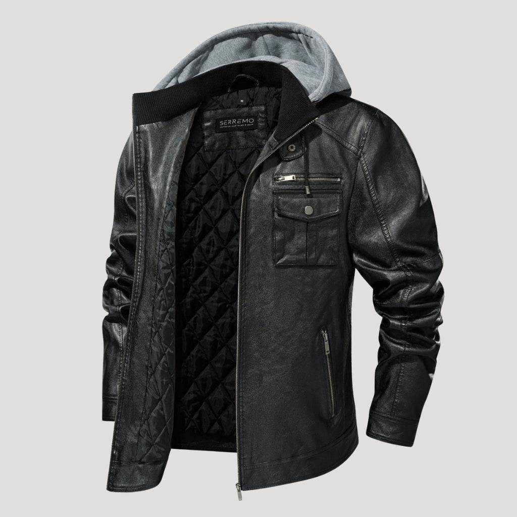 Men’s Black Leather Hooded Jacket With Utility Pockets