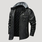 Men’s Black Leather Hooded Jacket With Utility Pockets