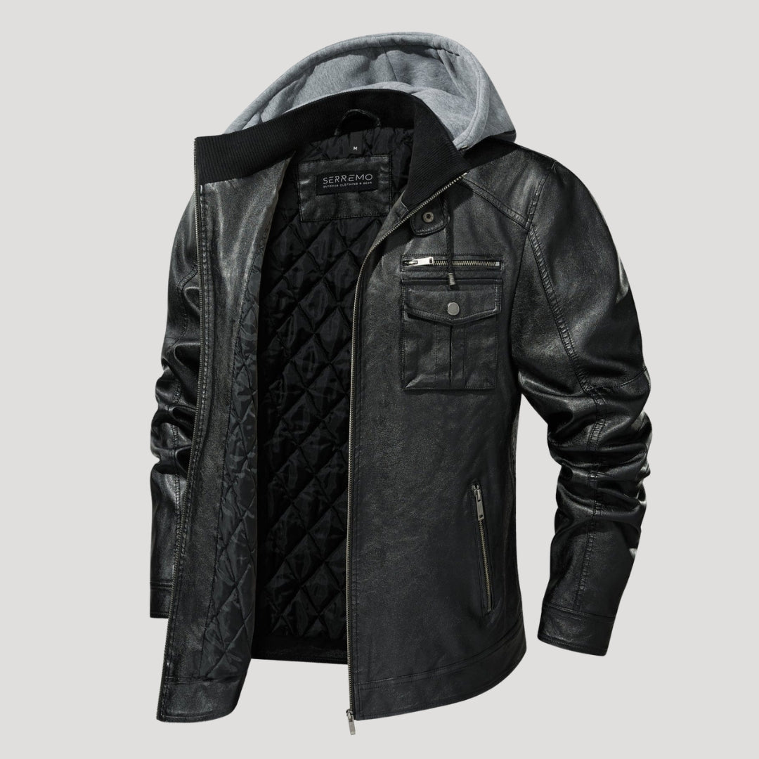 Men’s Black Leather Hooded Jacket With Utility Pockets