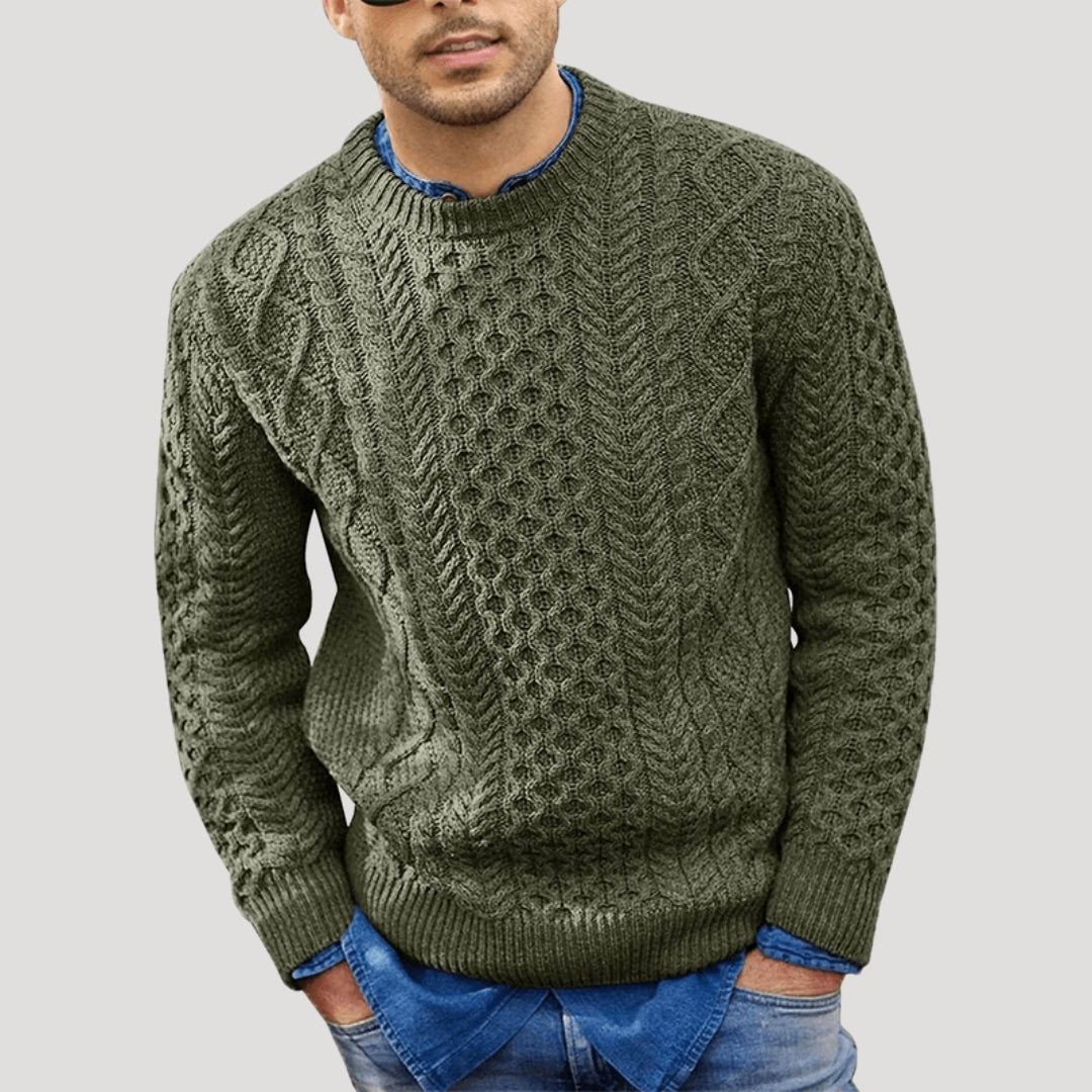 Men’s Cable Knit Sweater Crew Neck Textured Long Sleeve