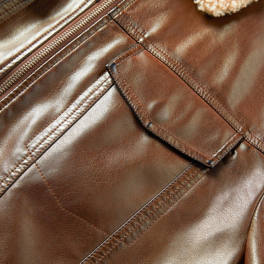 Men’s Faux Shearling Collar Leather Aviator Jacket