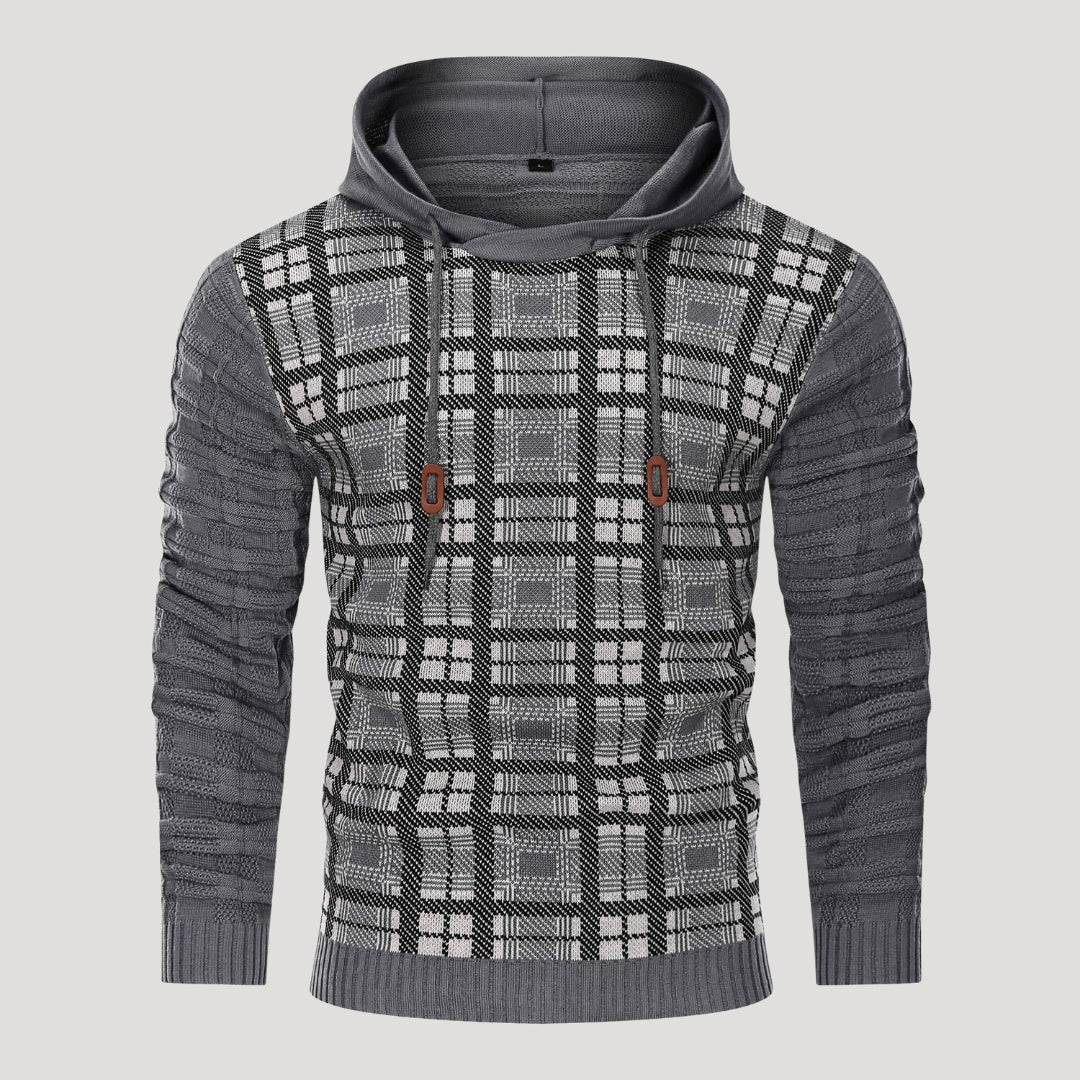 Men’s Plaid Knit Pullover Hoodie Textured Long Sleeve Sweater