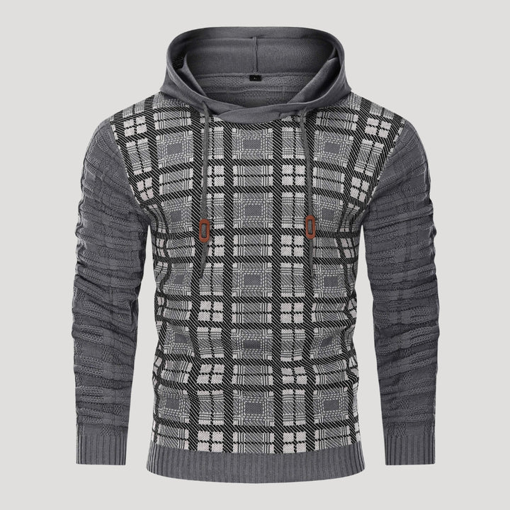 Men’s Plaid Knit Pullover Hoodie Textured Long Sleeve Sweater