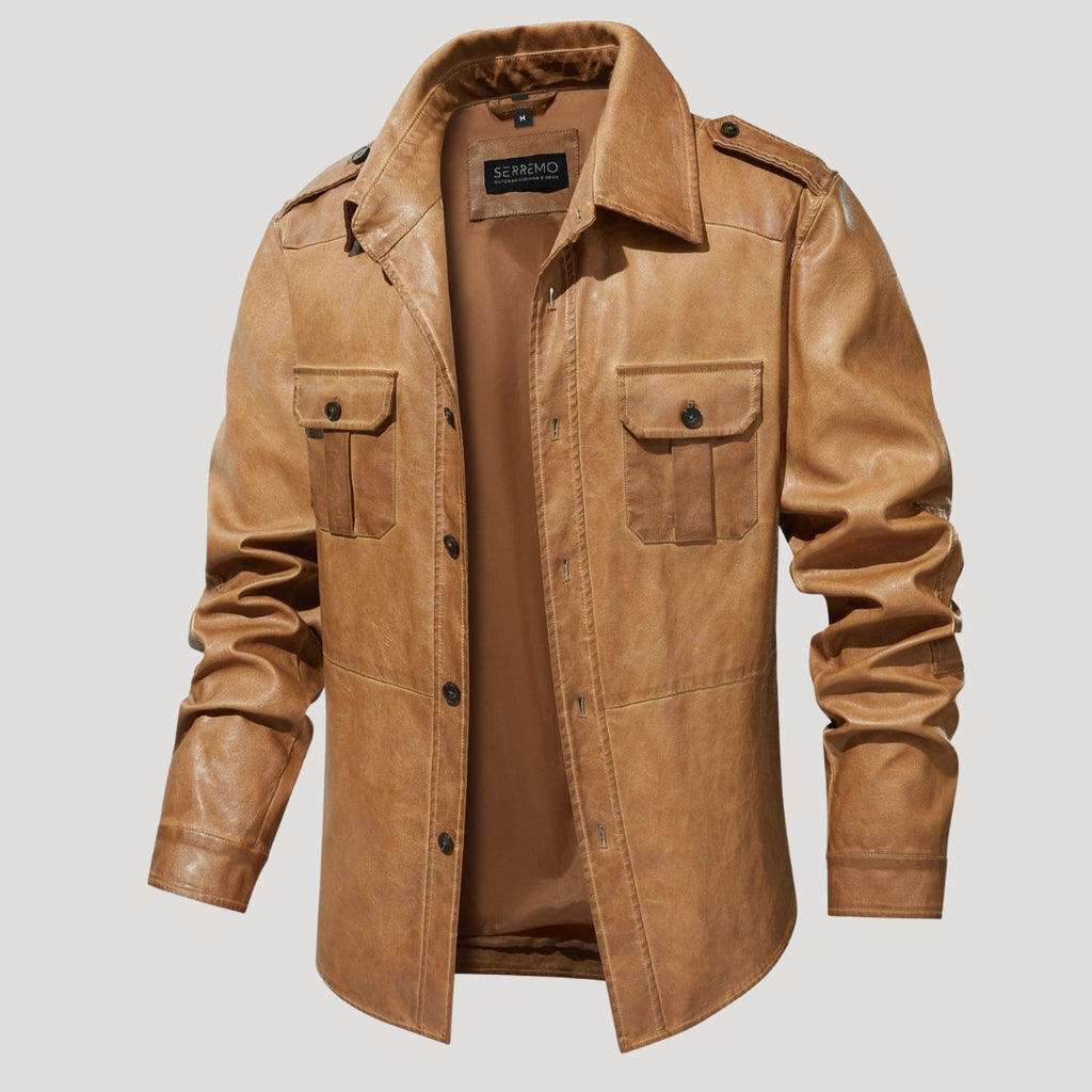 Men’s Leather Field Jacket Button Front Utility Outerwear
