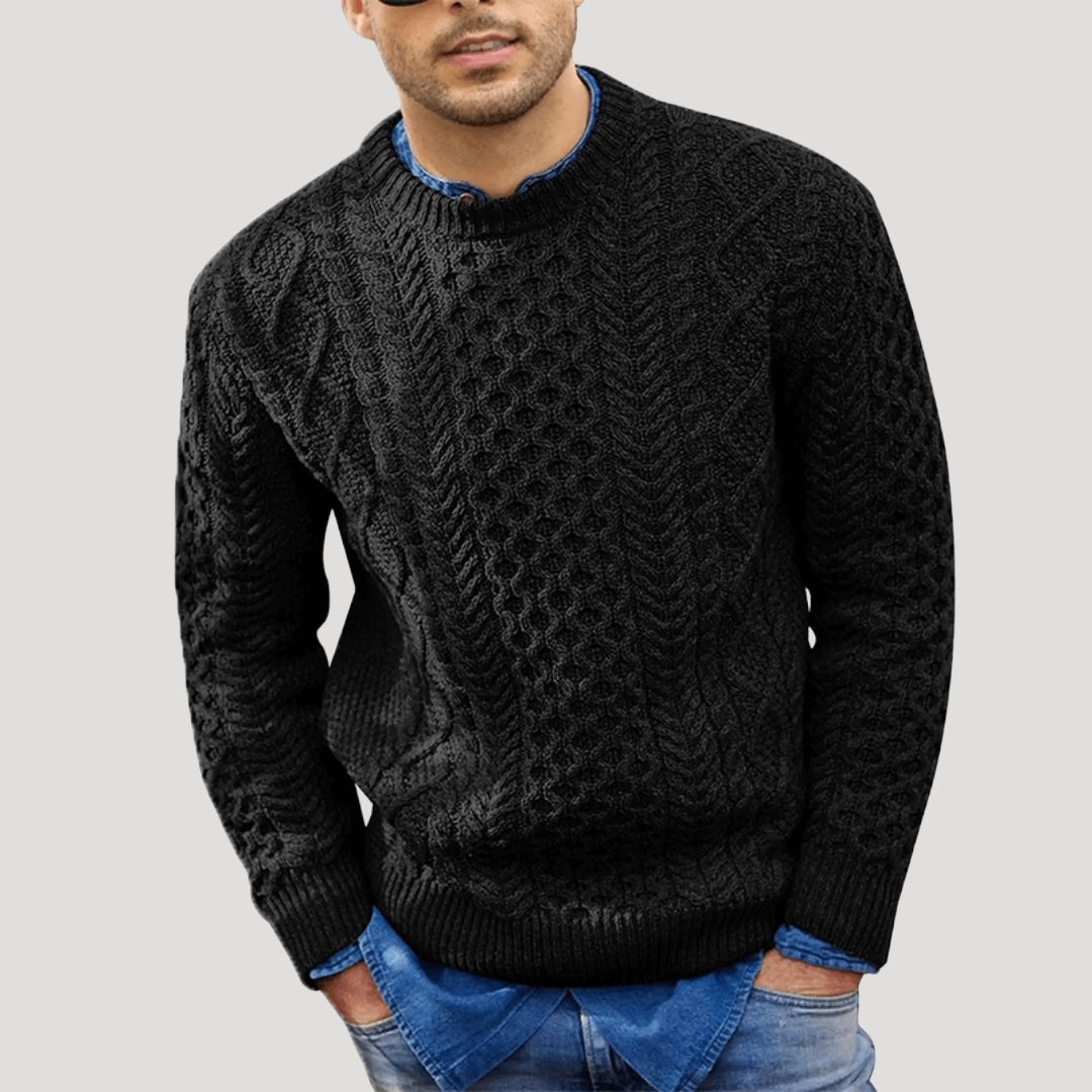 Men’s Cable Knit Sweater Crew Neck Textured Long Sleeve