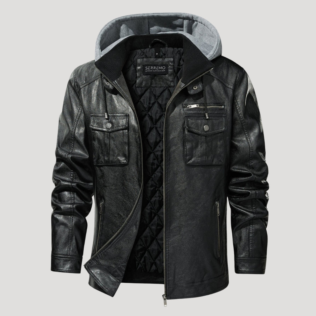 Men’s Black Leather Hooded Jacket With Utility Pockets