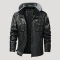 Men’s Black Leather Hooded Jacket With Utility Pockets
