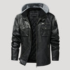 Men’s Black Leather Hooded Jacket With Utility Pockets