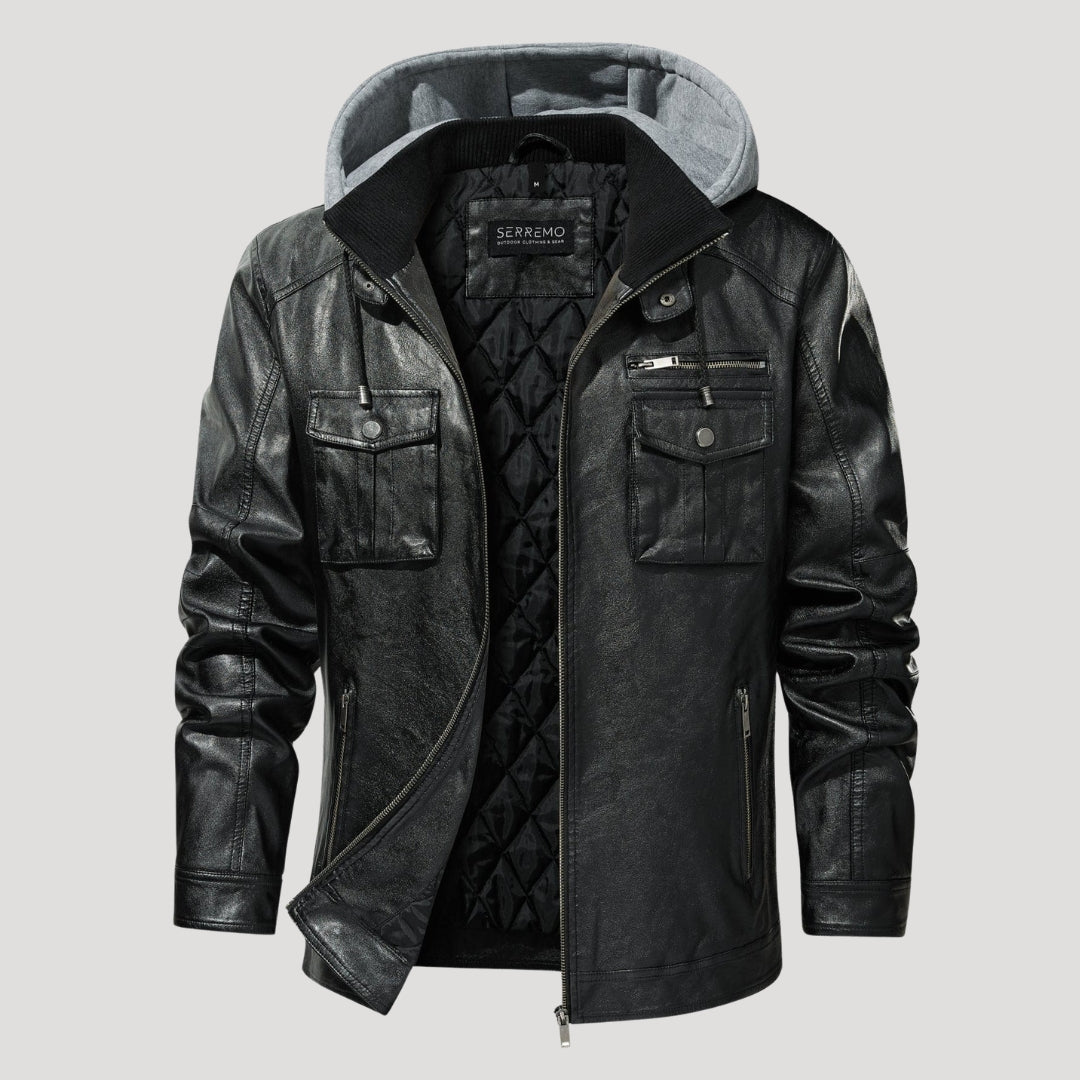 Men’s Black Leather Hooded Jacket With Utility Pockets