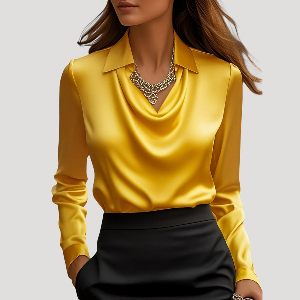 Women’s Satin Long Sleeve Blouse Draped Neck Elegant Top