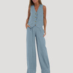 Women’s Linen Pants Set Sleeveless Vest Wide Leg Trousers