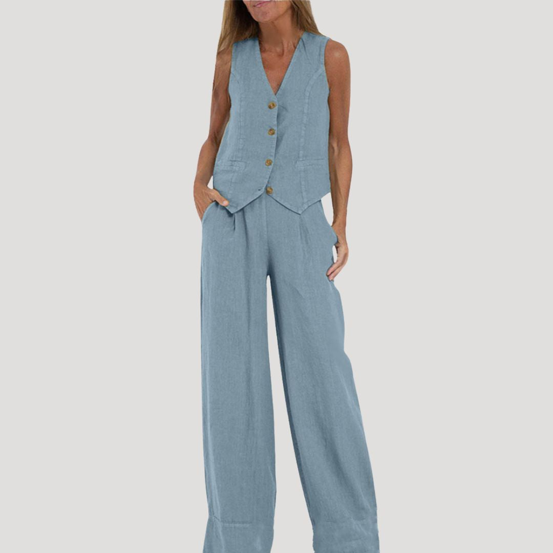Women’s Linen Pants Set Sleeveless Vest Wide Leg Trousers