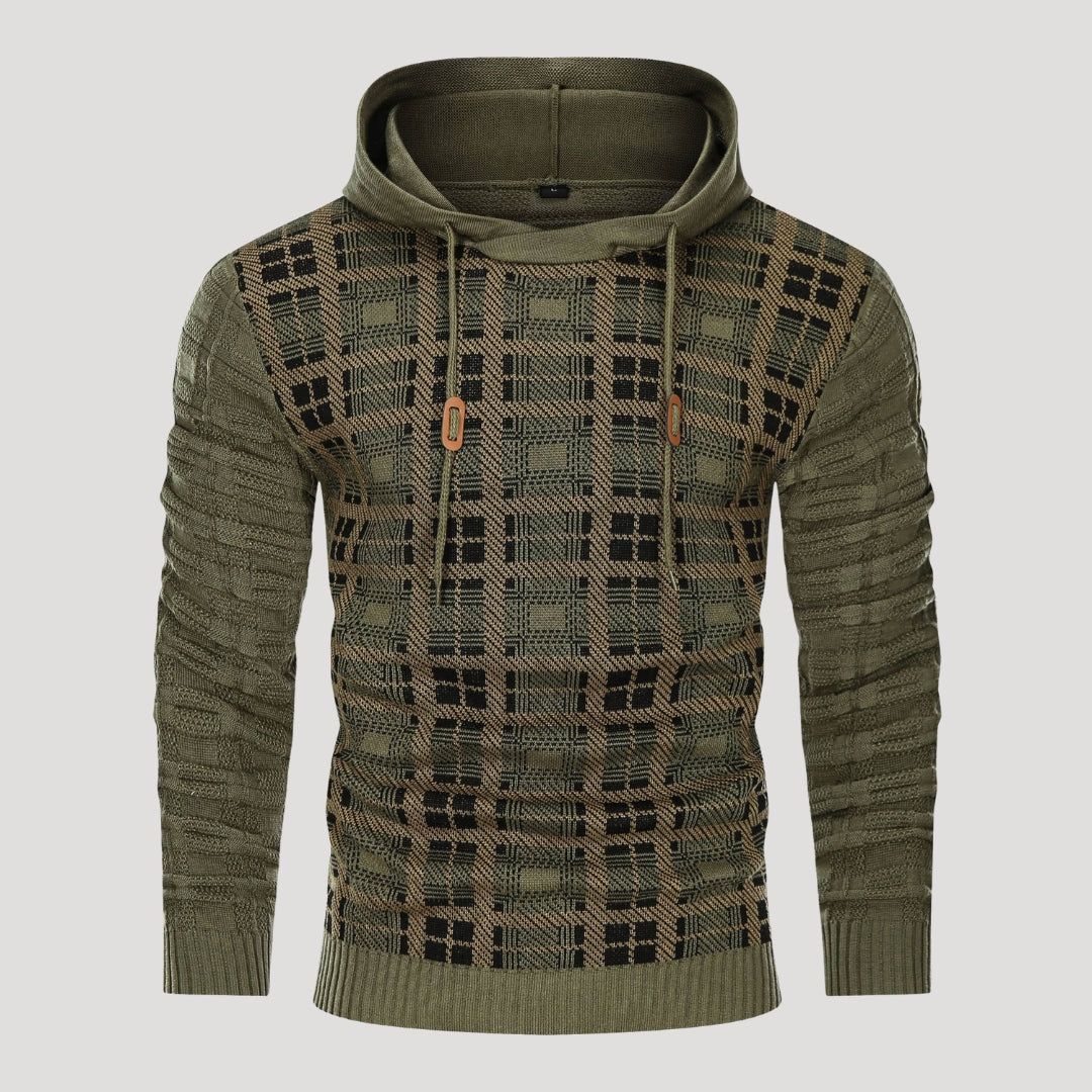 Men’s Plaid Knit Pullover Hoodie Textured Long Sleeve Sweater