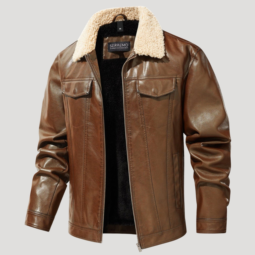 Men’s Faux Shearling Collar Leather Aviator Jacket