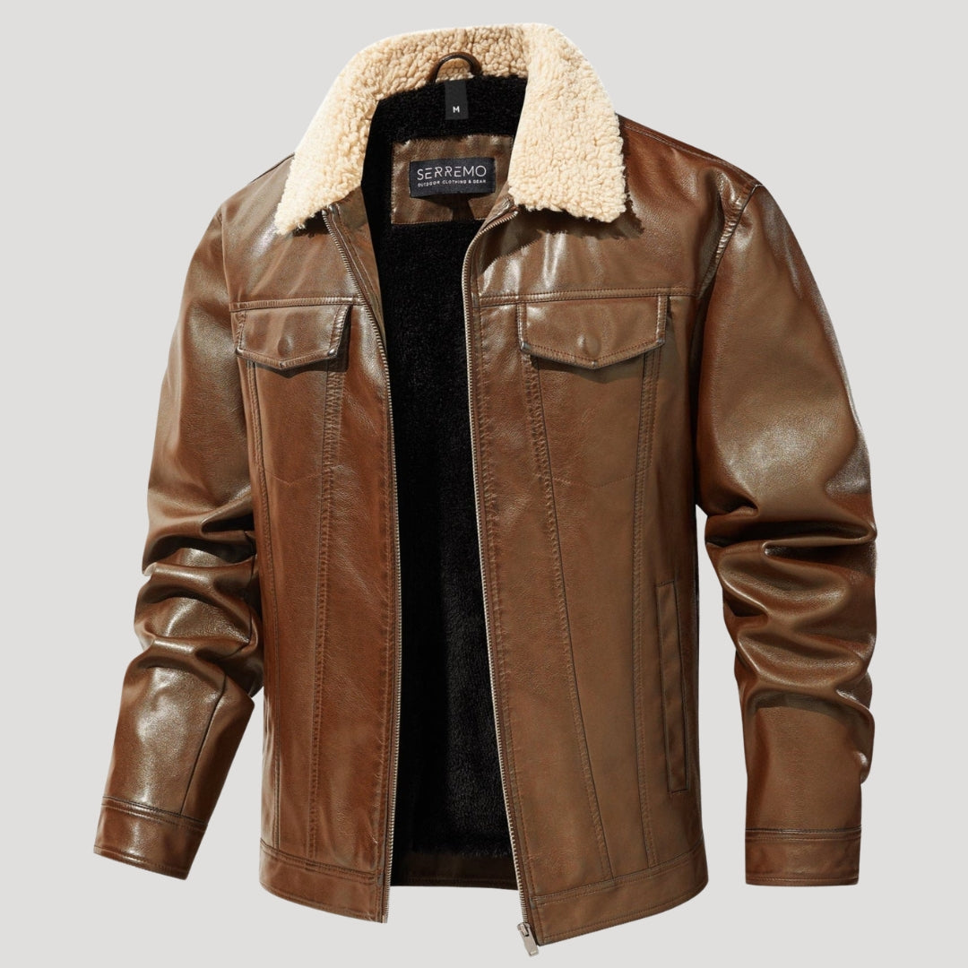 Men’s Faux Shearling Collar Leather Aviator Jacket