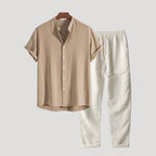 Men’s Linen Shirt Pants Set Short Sleeve Casual Outfit