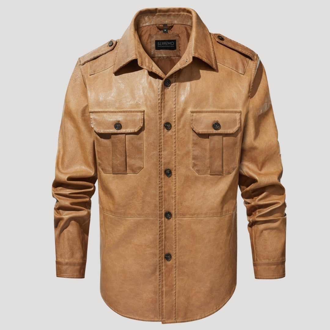 Men’s Leather Field Jacket Button Front Utility Outerwear