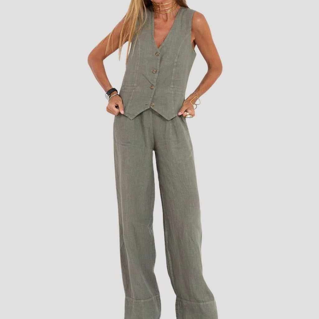 Women’s Linen Pants Set Sleeveless Vest Wide Leg Trousers