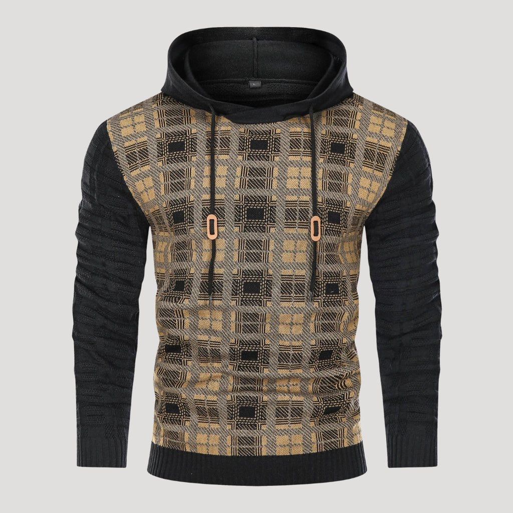 Men’s Plaid Knit Pullover Hoodie Textured Long Sleeve Sweater