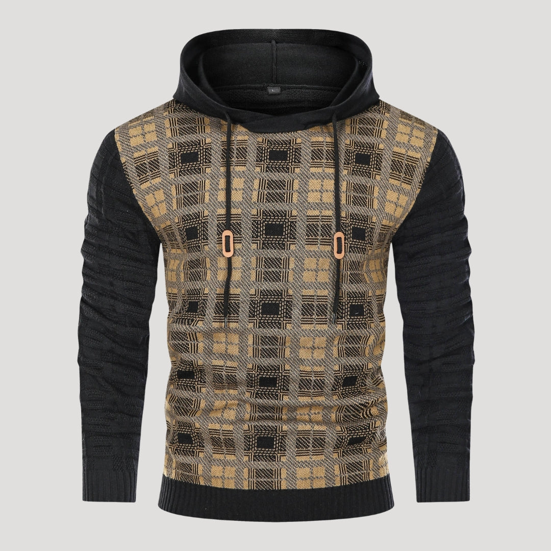 Men’s Plaid Knit Pullover Hoodie Textured Long Sleeve Sweater