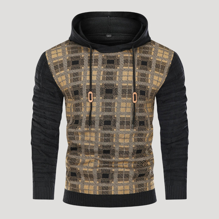 Men’s Plaid Knit Pullover Hoodie Textured Long Sleeve Sweater