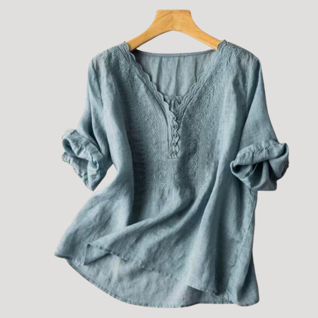 Women’s Blouse V Neck Short Sleeve Embroidered Casual Loose