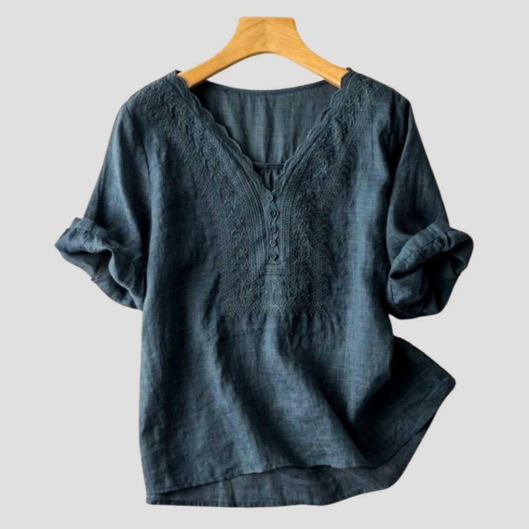 Women’s Blouse V Neck Short Sleeve Embroidered Casual Loose