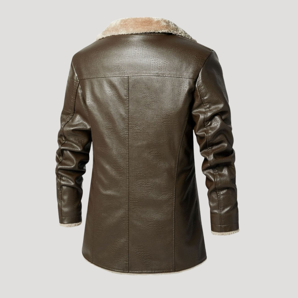 Men’s Faux Leather Shearling Longline Button Coat Jacket