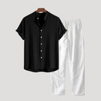 Men’s Linen Shirt Pants Set Short Sleeve Casual Outfit