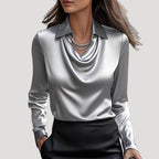 Women’s Satin Long Sleeve Blouse Draped Neck Elegant Top