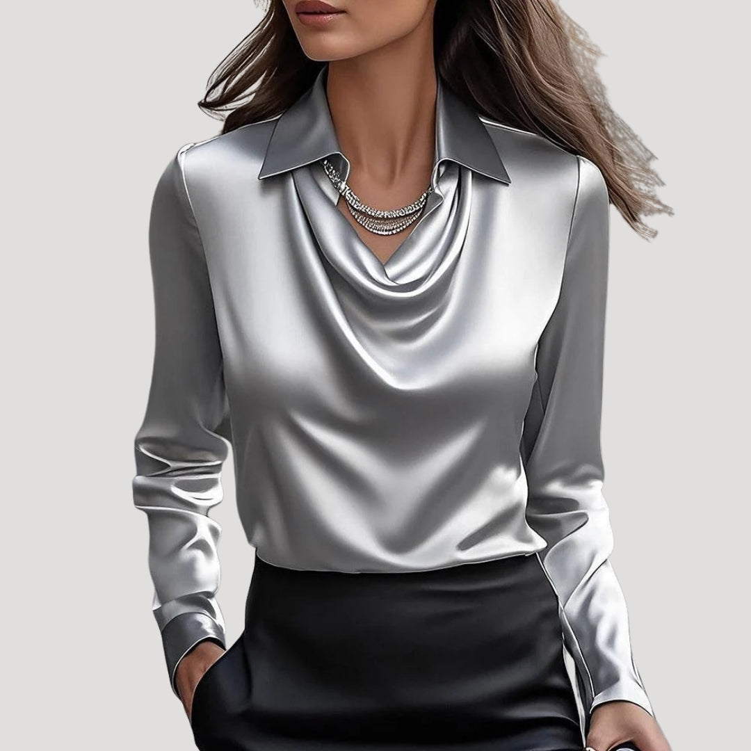 Women’s Satin Long Sleeve Blouse Draped Neck Elegant Top
