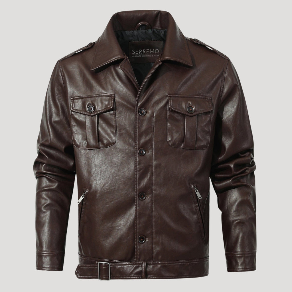 Men’s Brown Leather Field Jacket With Button Front Pockets