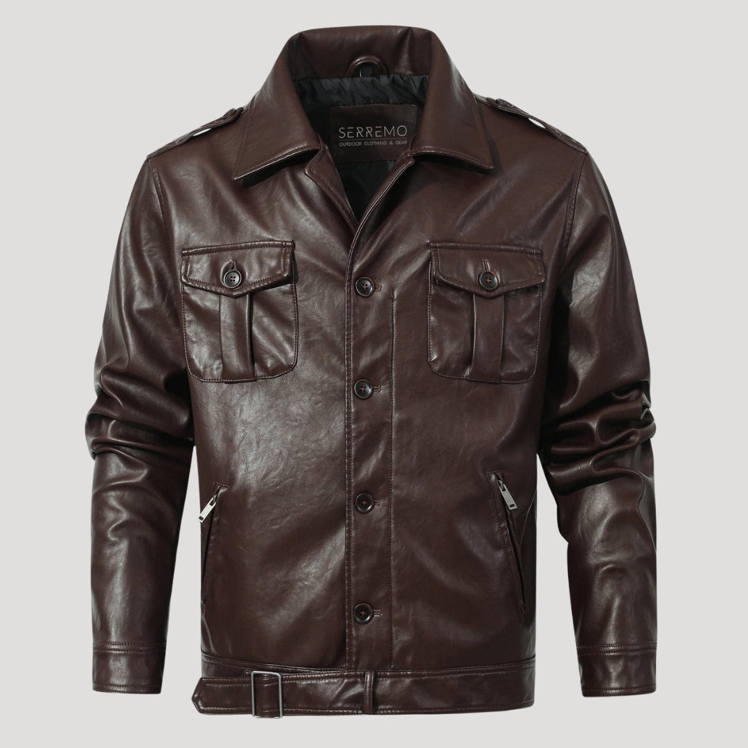Men’s Brown Leather Field Jacket With Button Front Pockets