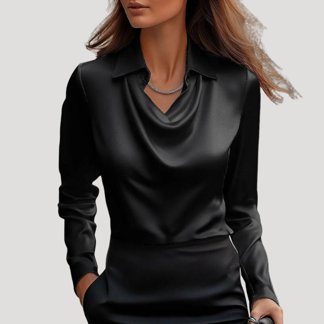 Women’s Satin Long Sleeve Blouse Draped Neck Elegant Top