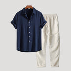 Men’s Linen Shirt Pants Set Short Sleeve Casual Outfit