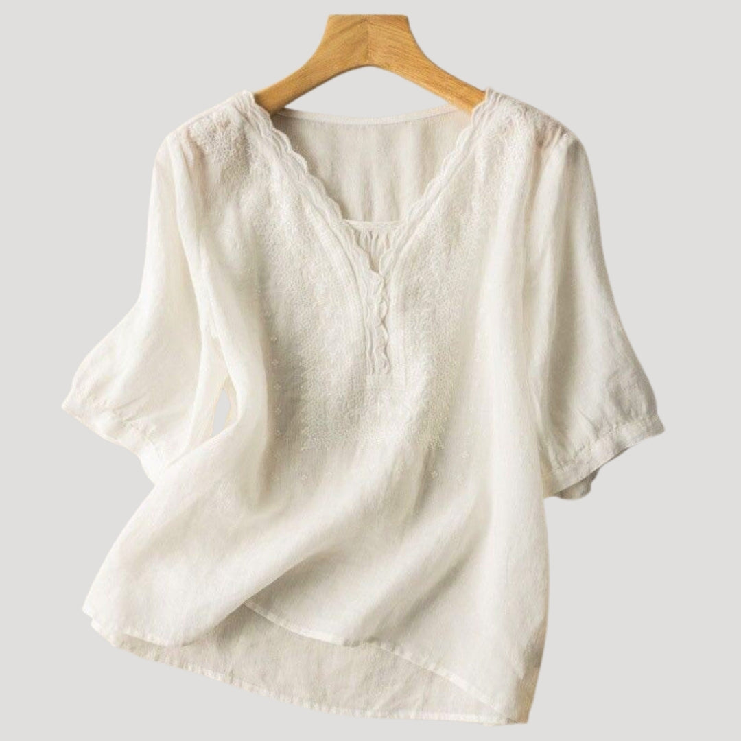 Women’s Blouse V Neck Short Sleeve Embroidered Casual Loose