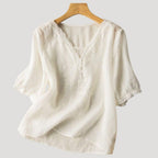 Women’s Blouse V Neck Short Sleeve Embroidered Casual Loose