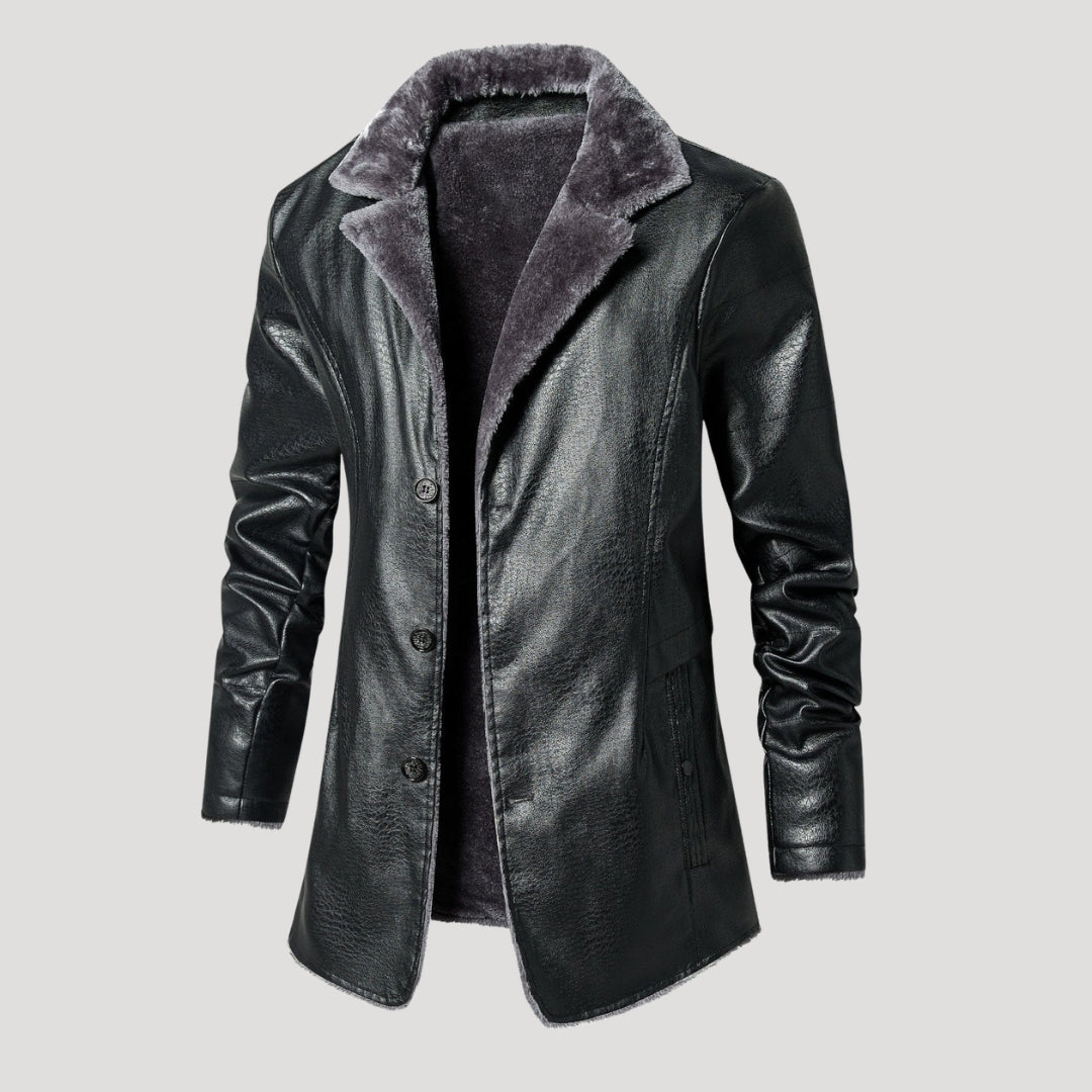 Men’s Faux Leather Shearling Longline Button Coat Jacket