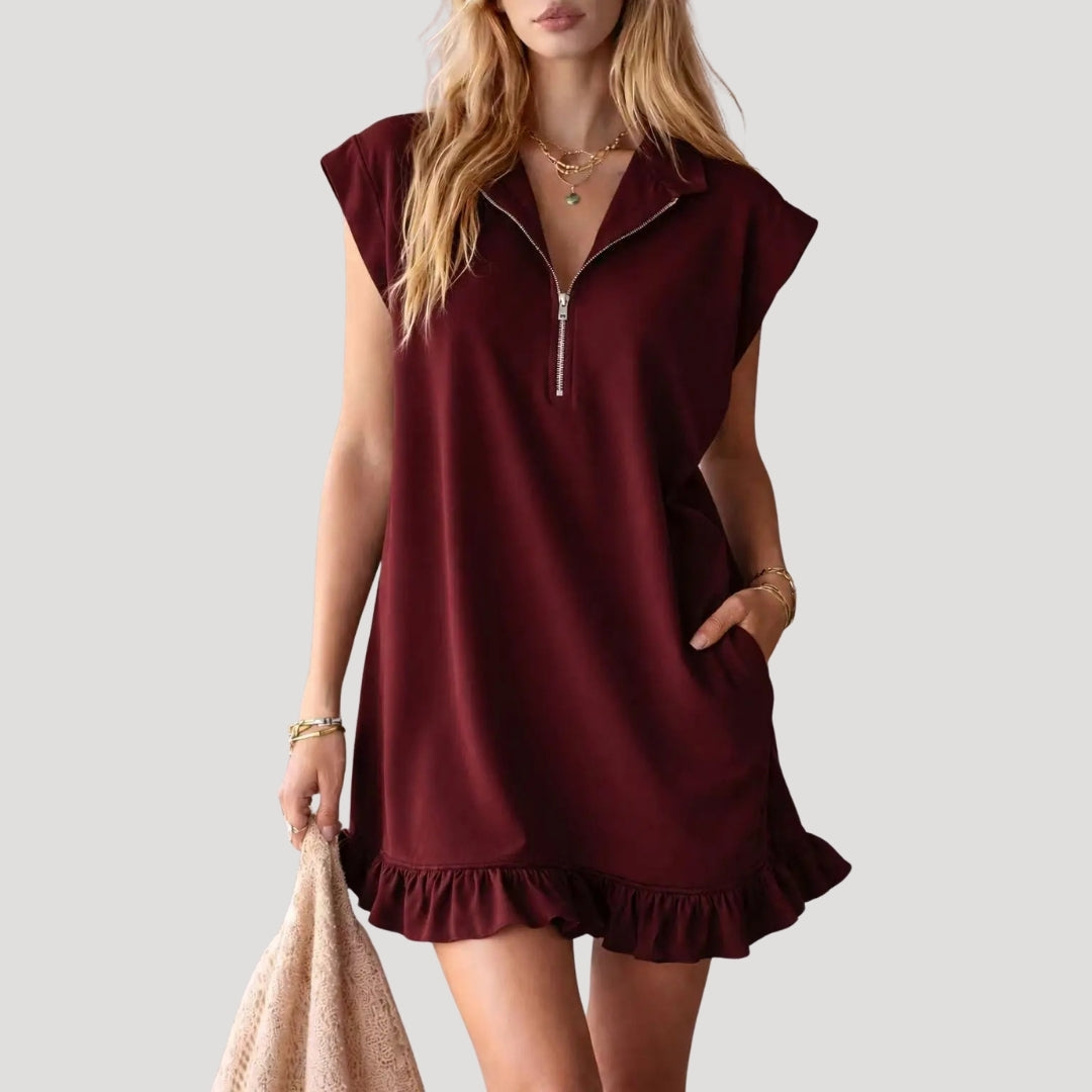 Women’s Mini Dress Summer Casual Shift Ruffle Zip