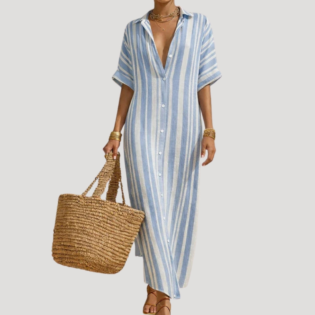 Women’s Maxi Dress Shirt Striped Button Casual Summer Beach