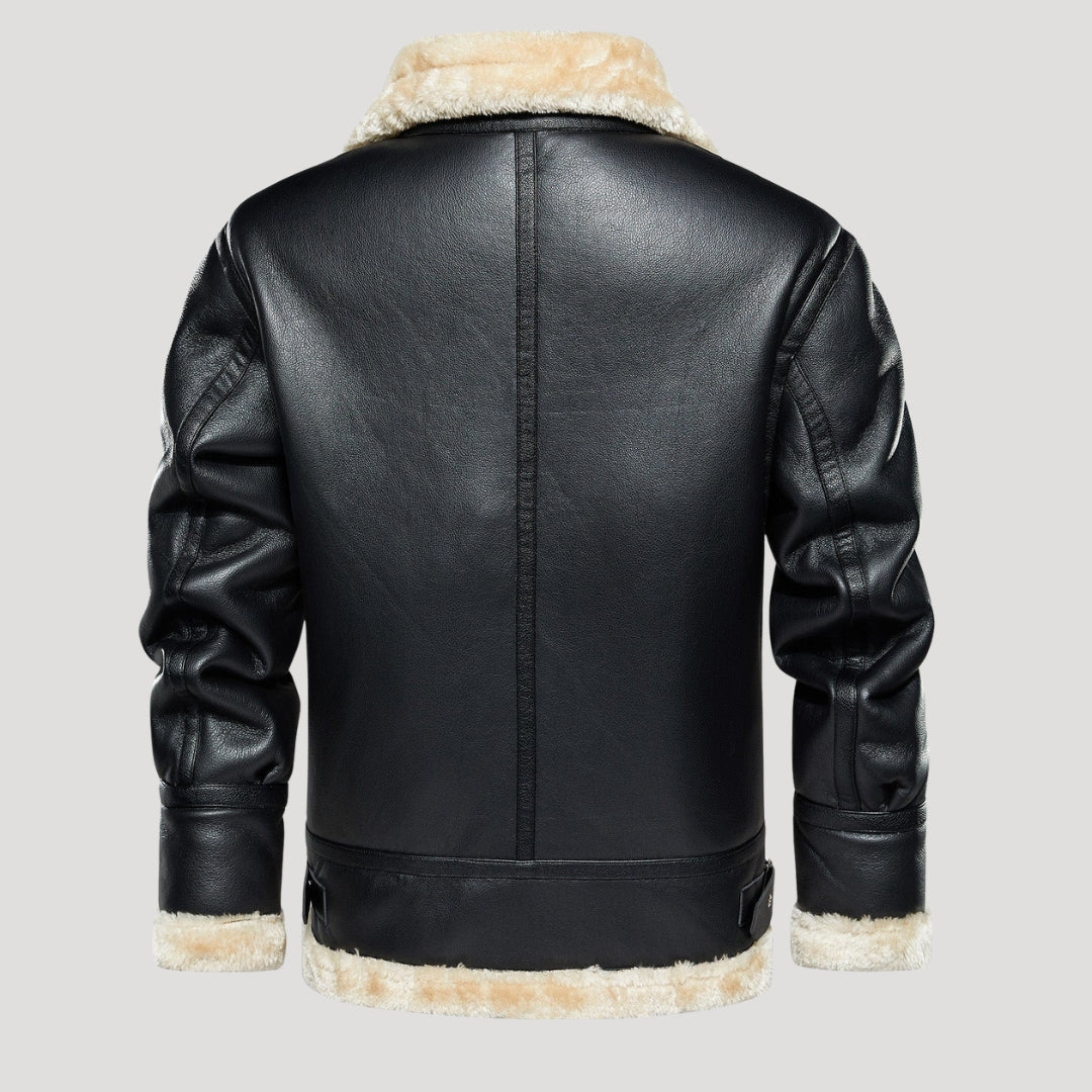Men’s Faux Shearling Trim Aviator Leather Jacket