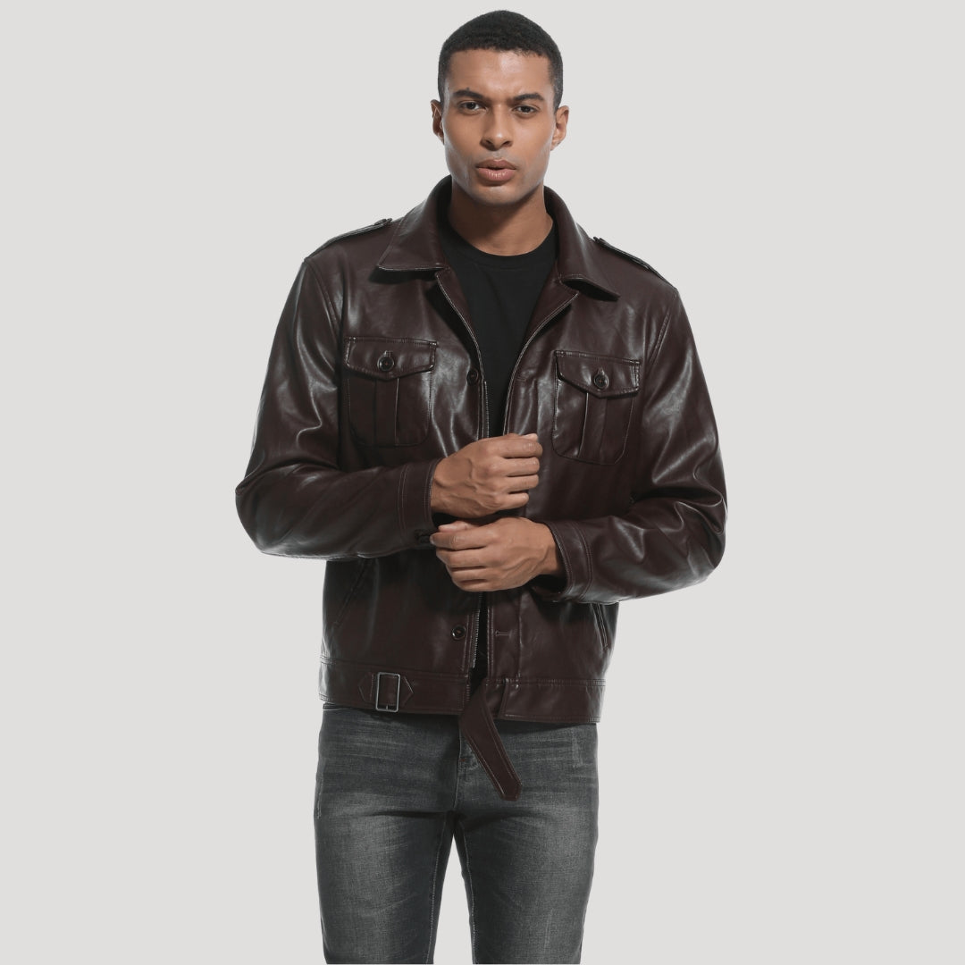 Men’s Brown Leather Field Jacket With Button Front Pockets