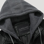 Men’s Leather Bomber Jacket Removable Hood Zip Outerwear